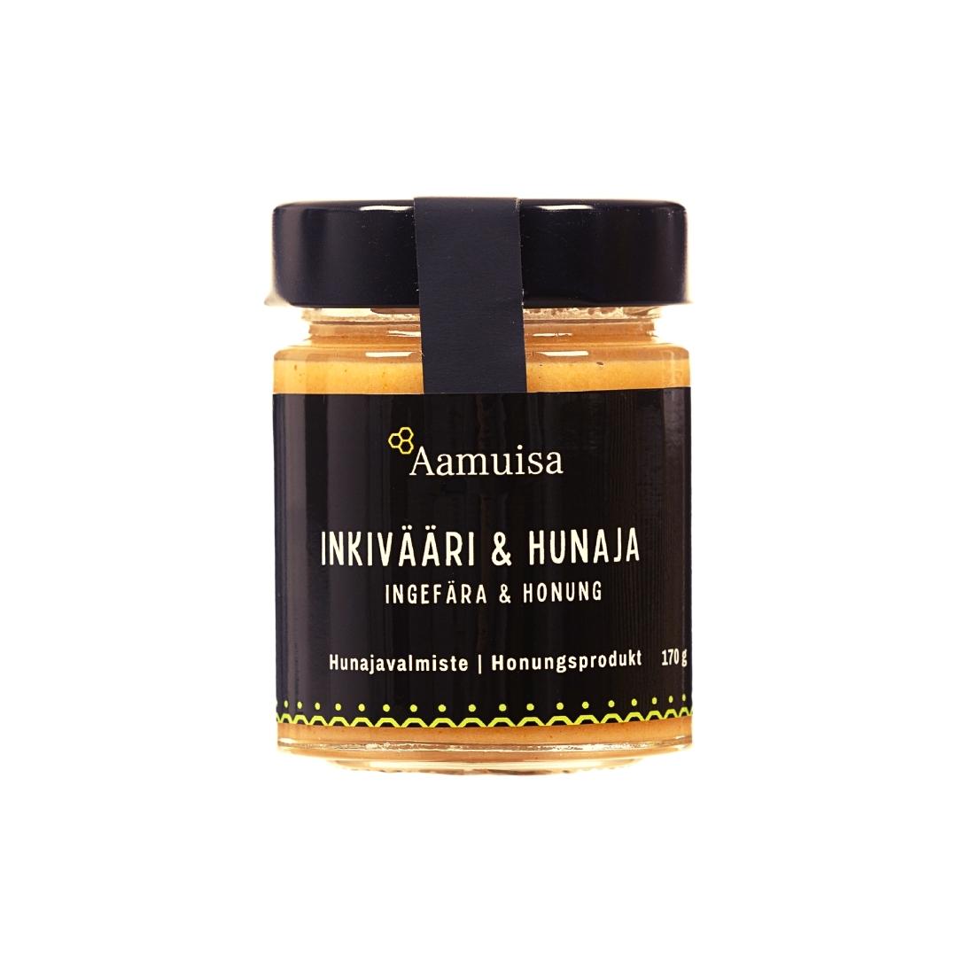 Inkivääri & hunaja on kotimaisesta hunajasta valmistettu Avainlipputuote, joka on maustettu inkiväärillä. Tämä pehmeästi kiteytetty hunajavalmiste tuo lämpimiin juomiin potkua ja makeutta. Sopii erinomaisesti teen, smoothien ja kuumien juomien maustamiseen. 170 g purkki, säilytettävä huoneenlämmössä.